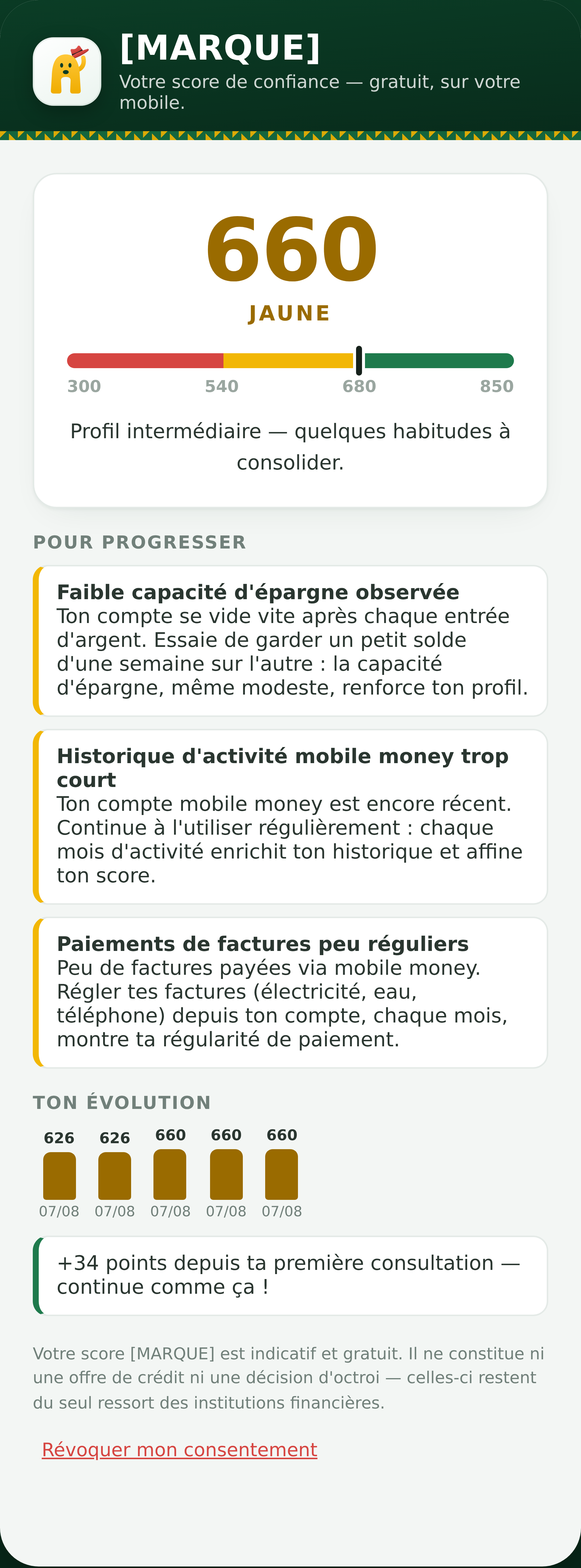 Maquette : écran d'historique et progression du score dans l'application Askill